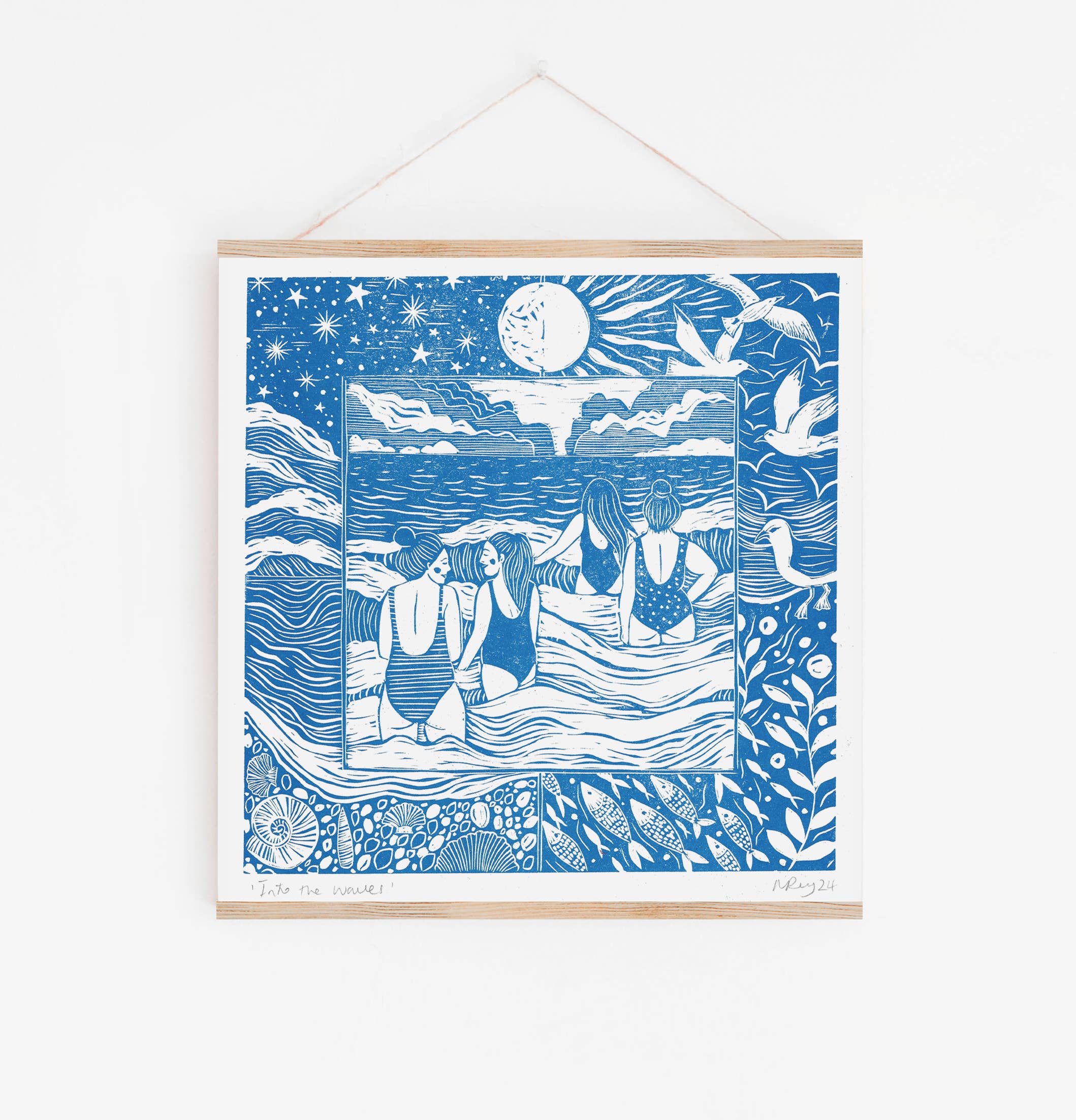 Prints by the Bay - Wholesale Art Print - Into the Waves riso swimming, seaside, friends, ocean, blue2