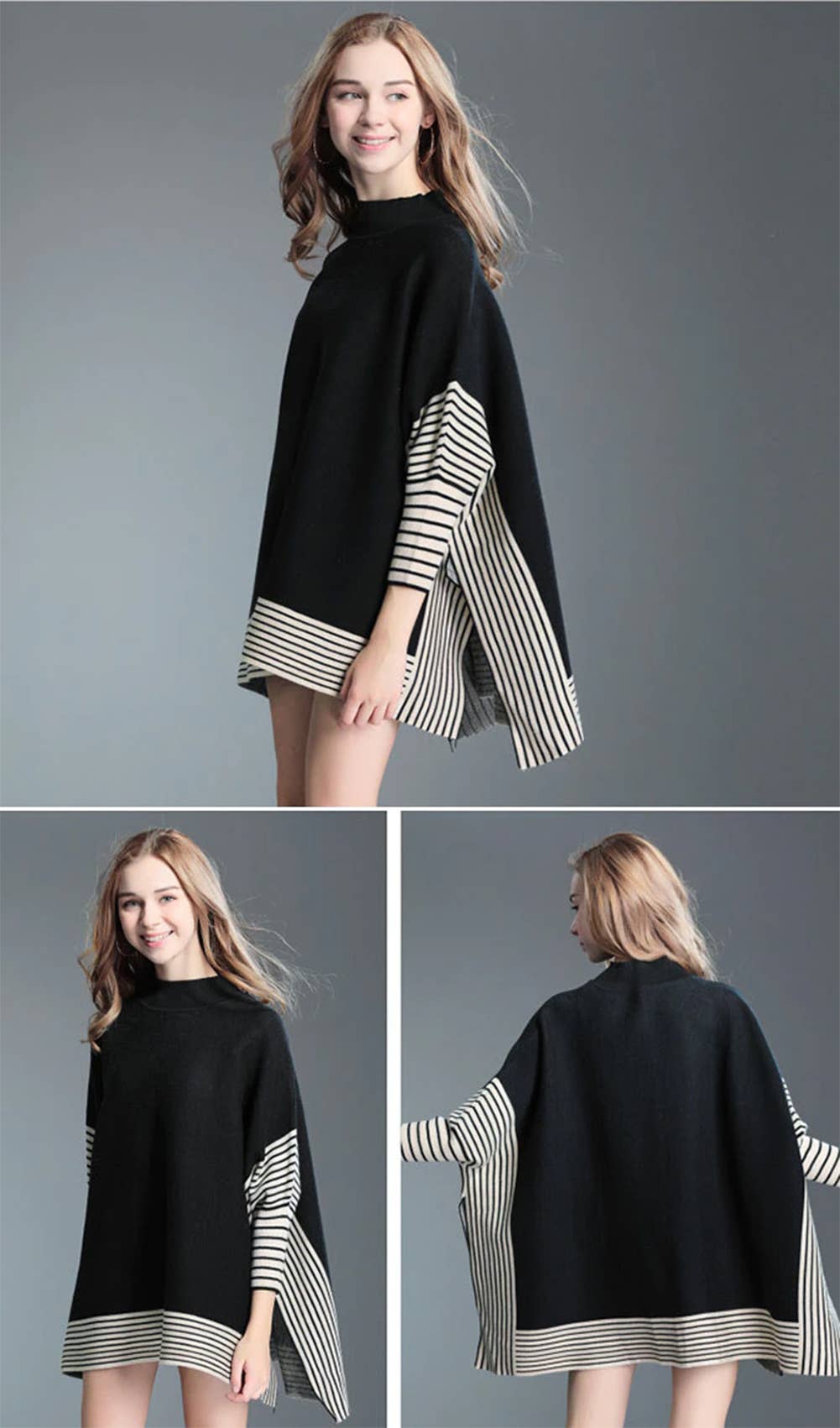 Fennco Styles – wholesale Poncho - Dam – Randig stickad pullover med fladdermusärm poncho-tröja15