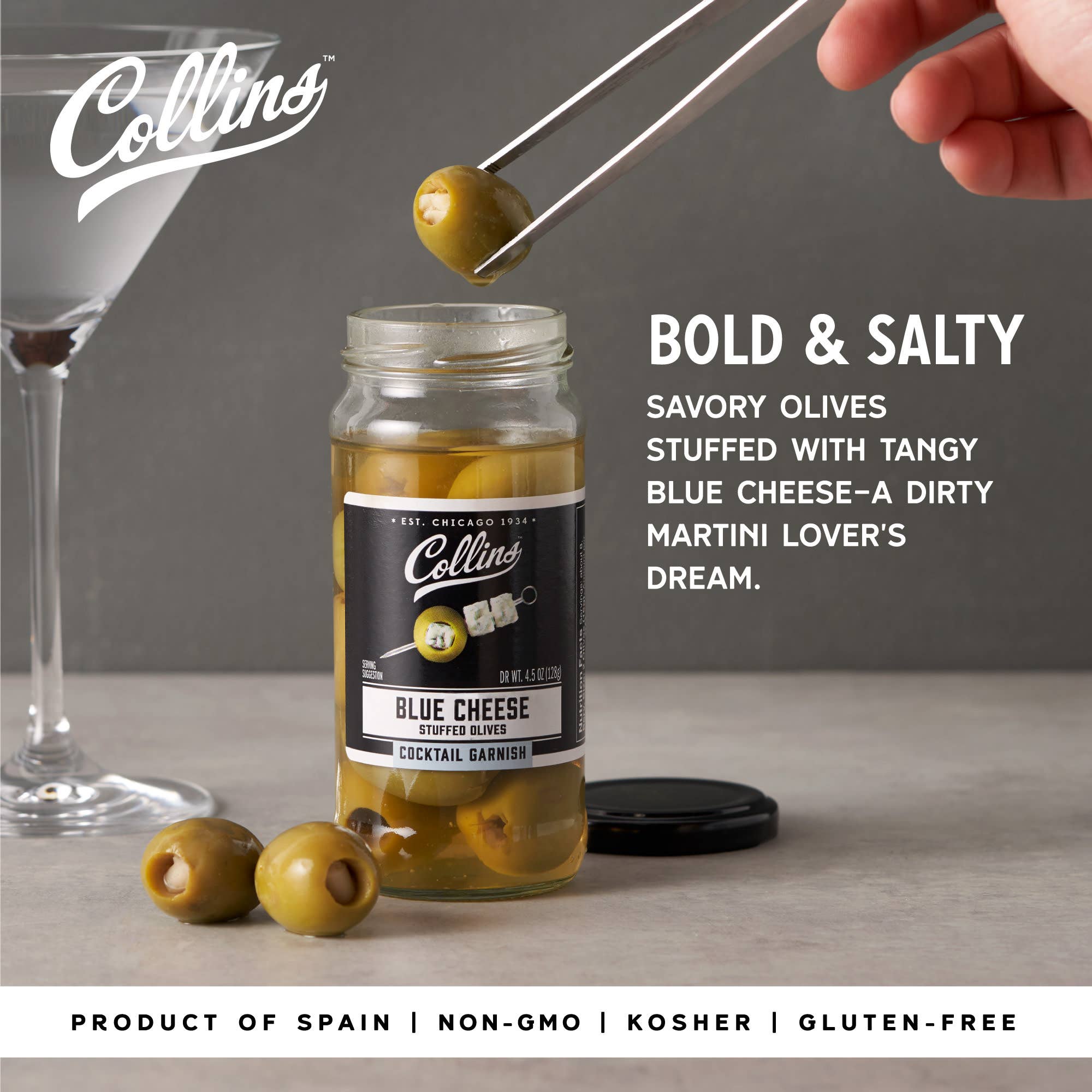 Collins - Wholesale Olives - Gourmet Blue Cheese Stuffed Cocktail Olives 4.5 oz1