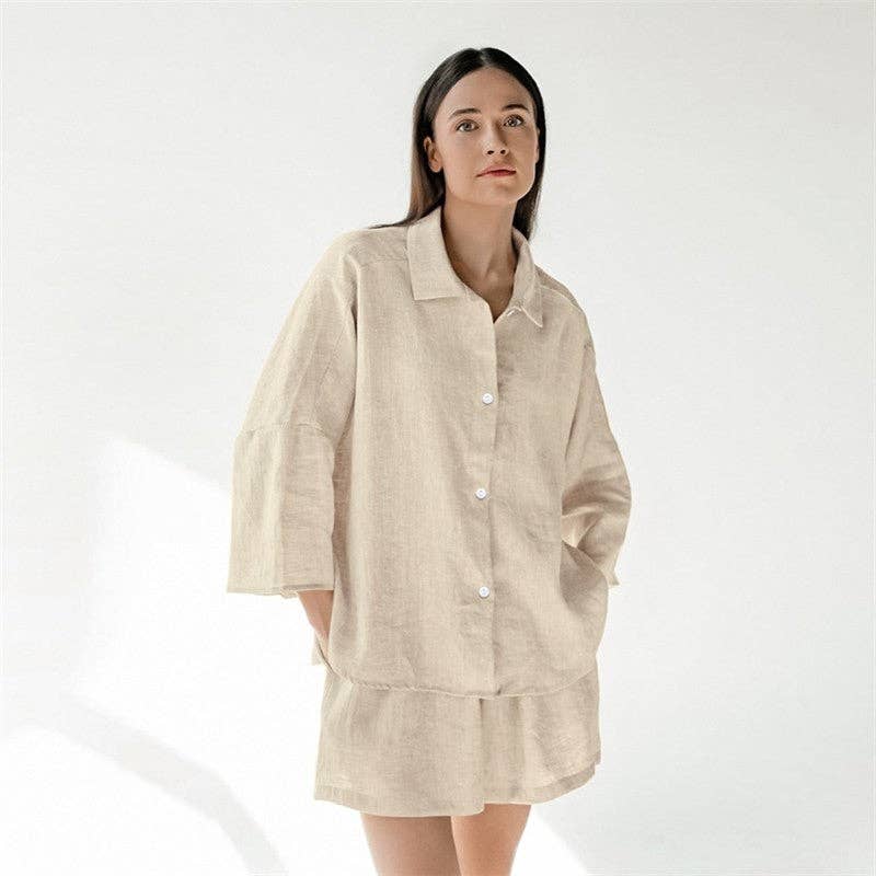 FurDecoration – wholesale Sleepwear set – Women's – Women's Cotton Linen Seven-Quarter Sleeve Pajama Set with Shorts7