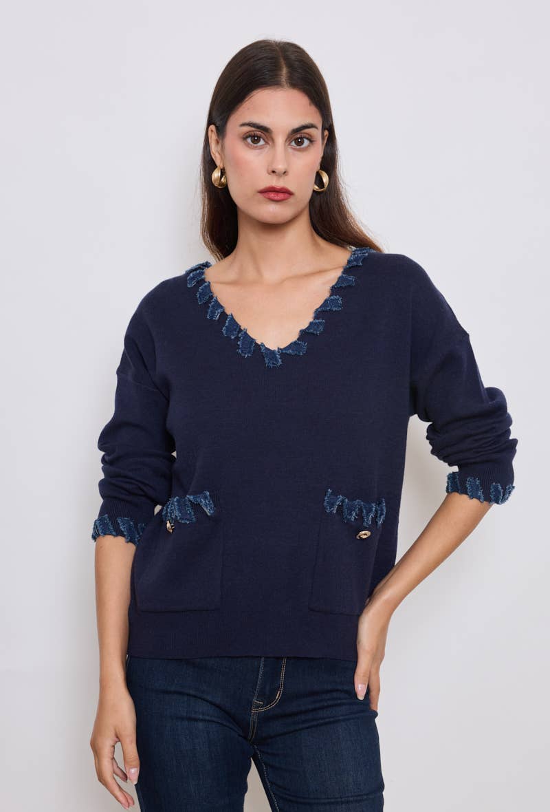 KY CREATION PARIS - Wholesale Knit Sweater - Women's - Long sweater with denim finishes1