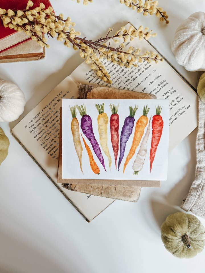 Rainbow Carrots Watercolor Greeting Card for wholesale by MacaelaMade