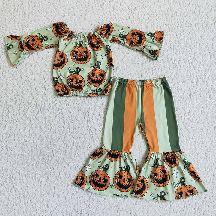 Ensembles de pantalons cloche pour bébés filles, citrouille, Halloween, épaules dénudées pour la vente par Aier Wholesale