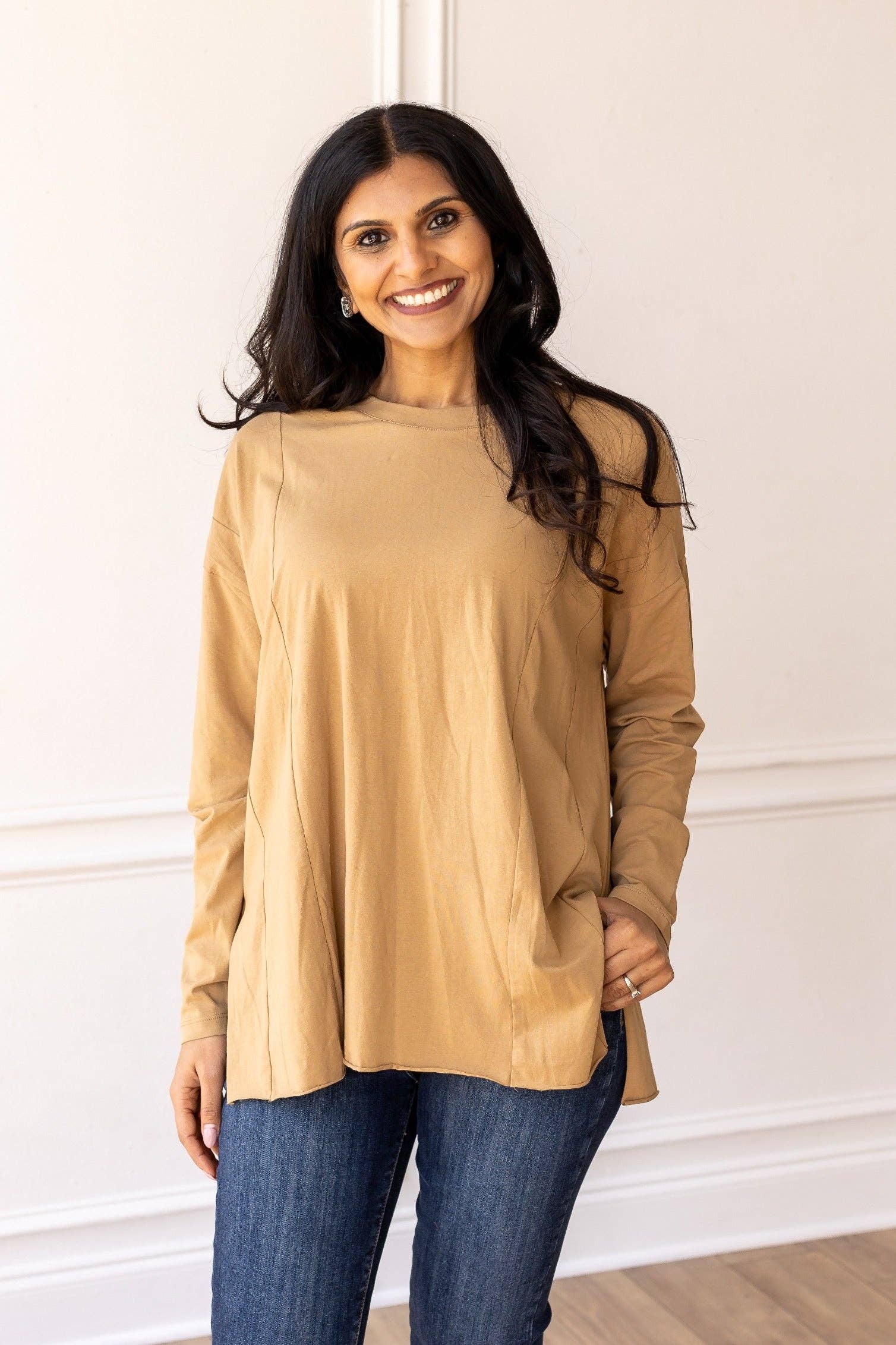 Tan Long-sleeved T-shirts With Side Stitching for wholesale on Faire