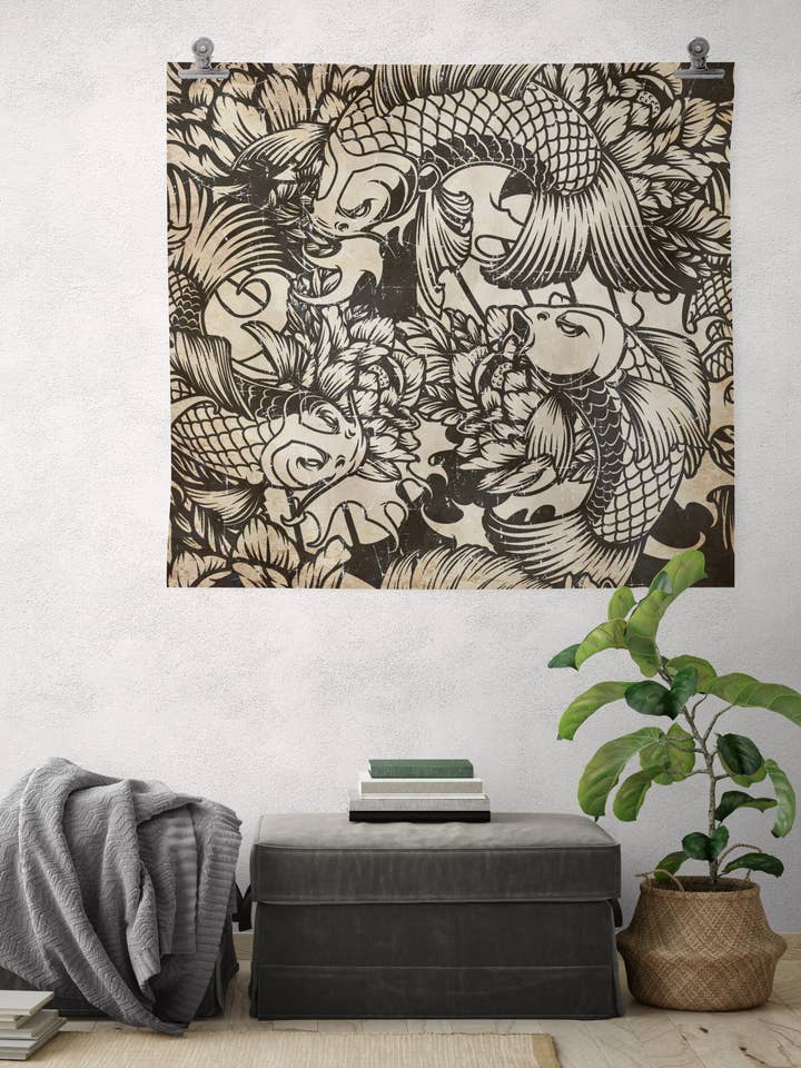 Tatuaggio pesce Koi su papier froissé (carta stropicciata) per la vendita all'ingrosso da parte di Art Your Wall