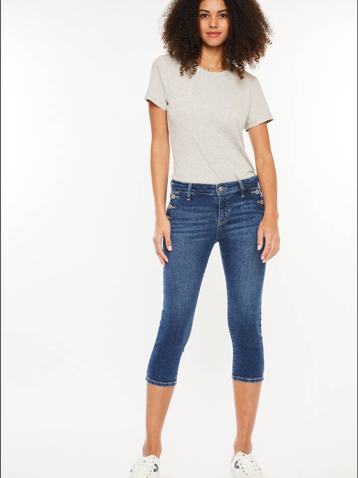 JEAN CAPRI À BOUTON DE POCHE AVANT, TAILLE MI-HAUTE-KC8729D pour la vente par Kan Can USA
