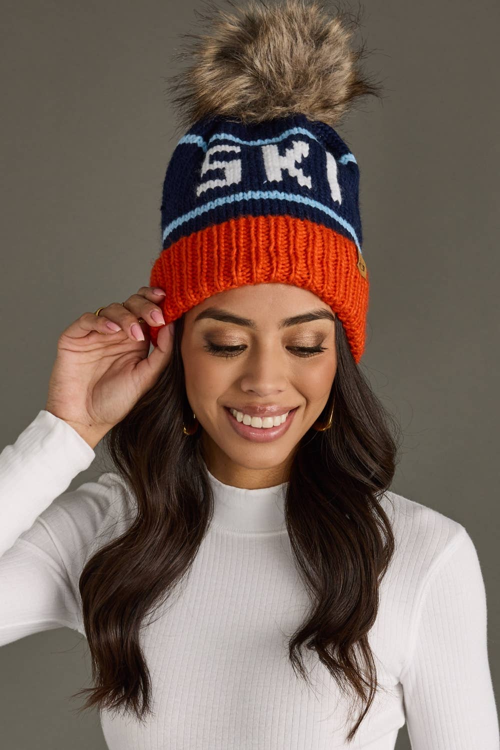 Panache Apparel Co. - Wholesale Beanie - Women's - Orange, Navy & Lt. Blue Ski Pom Hat2