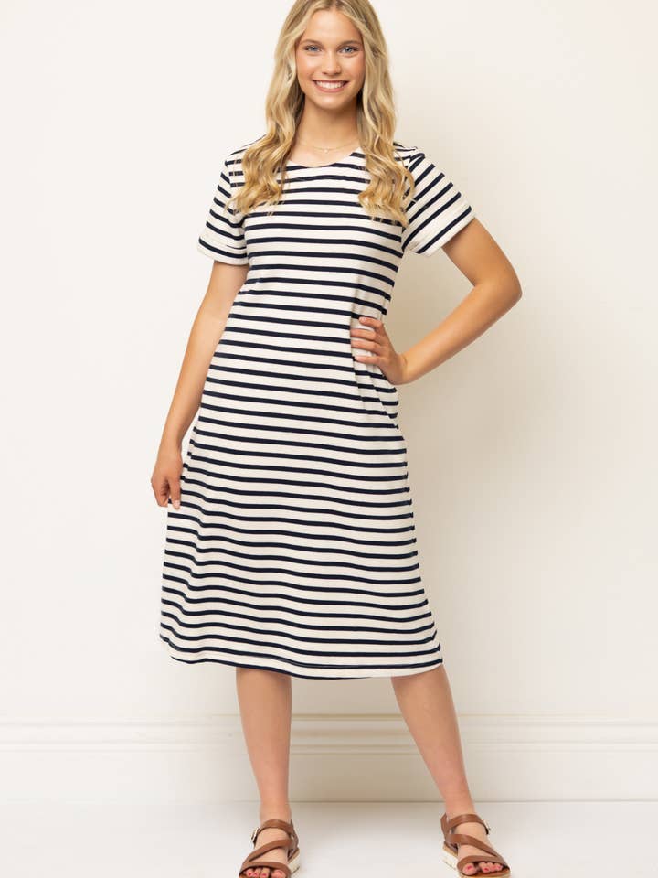 Celine Randig Klänning i Marinblå/Beige för wholesale av goldybelle