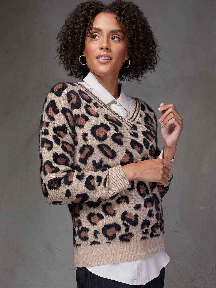 Leopard V Neck Pullover Sweater for wholesale on Faire