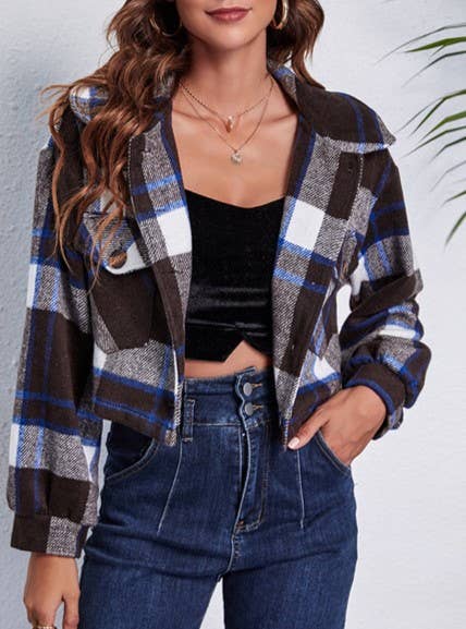 Rosa Clothing - Wholesale Shirt Jacket/Shacket - Women's - Plaid Balloon Sleeve Cropped Shirt Jacket2