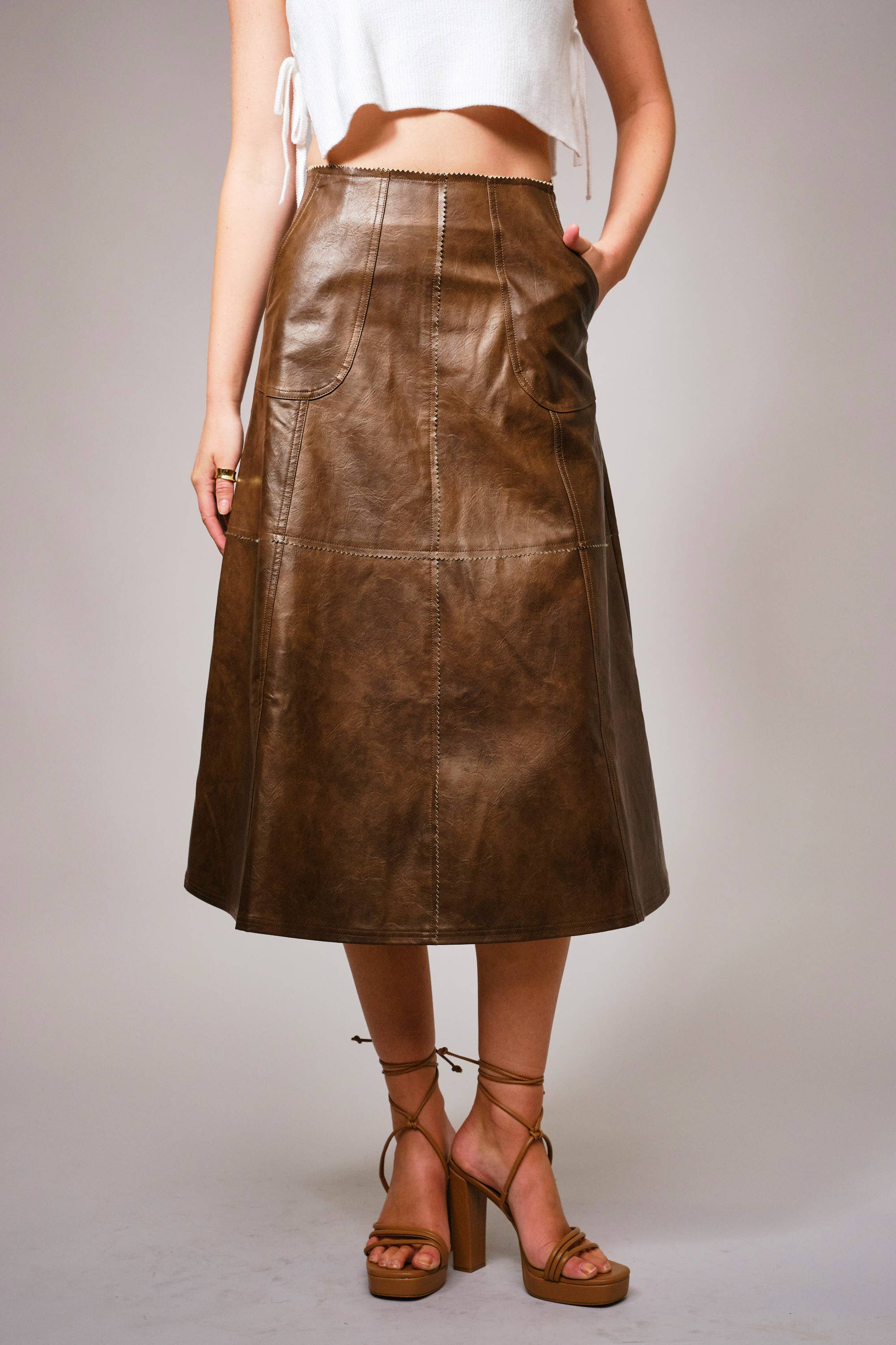 BROWN 37012S - Zigzag Seam Washed Faux Leather Midi Skirt for wholesale on Faire