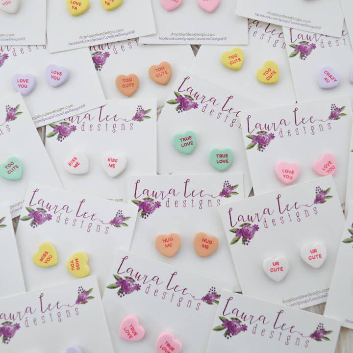 Conversation Heart Clay Stud Earrings || Valentine's Day for wholesale by Laura Lee Designs