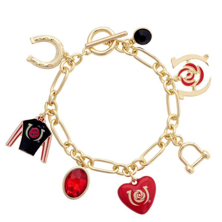Kentucky Derby Enamel Heart Charm Bracelet in Shiny Gold for wholesale by Canvas Style