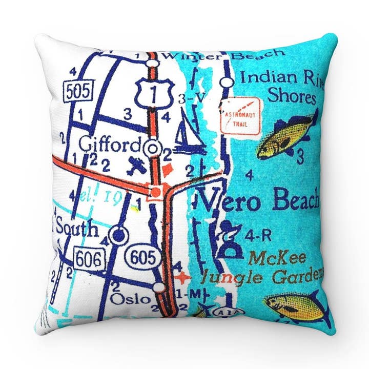 Coussin Carte de Vero Beach Floride – Coussin Carré 18" pour la vente par Daisy Mae Designs