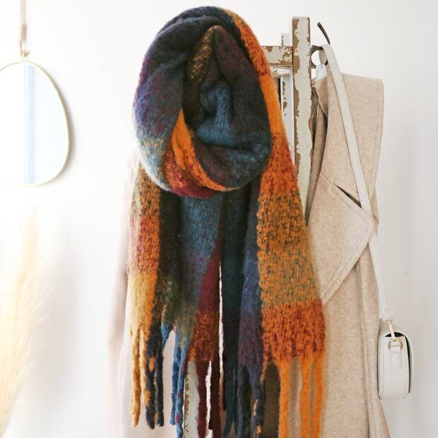 Lisa Angel - Wholesale Scarf - Women's - Thick Burgundy Navy and Mustard Winter Scarf