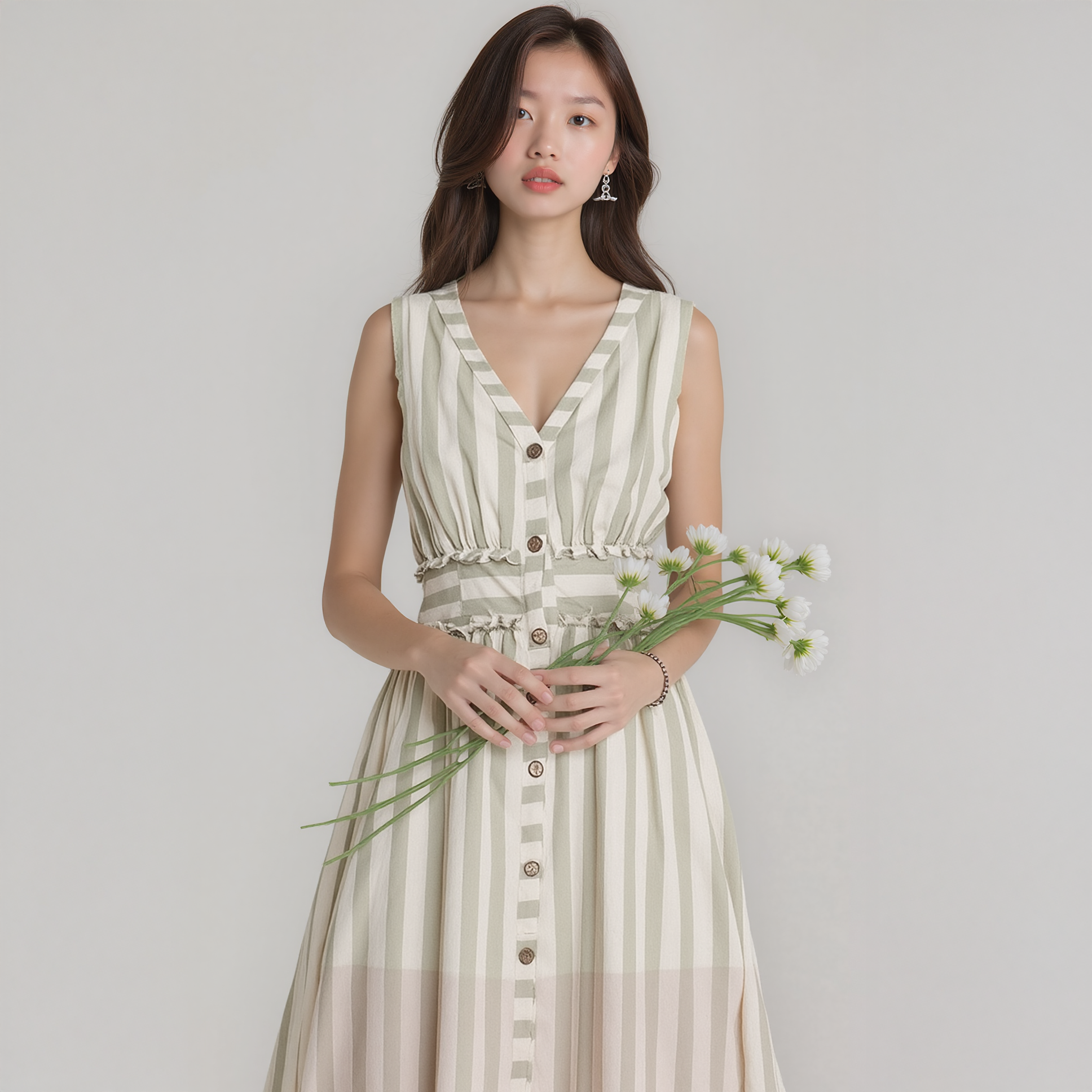 Sauge Robe boutonnée à rayures sans manches de Nurode en sauge en vente sur Faire0