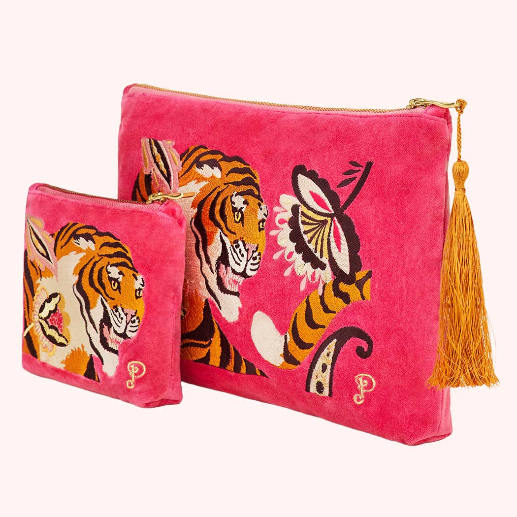 Powder Design inc - US - Wholesale Pouch - Women's - Velvet Embroidered Zip Pouch - Thrill of the Tiger2