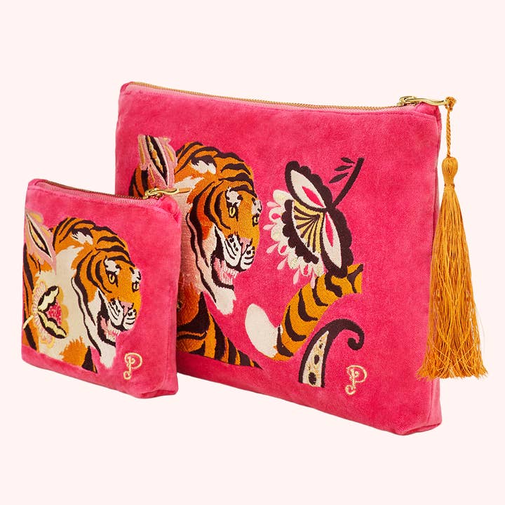 Powder Design inc - US - Wholesale Pouch - Women's - Velvet Embroidered Zip Pouch - Thrill of the Tiger2