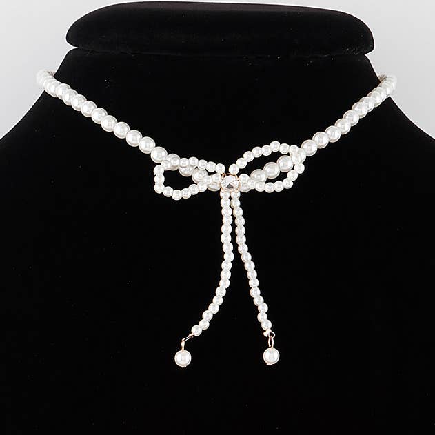 Pearled Ribbon Tie Necklace for wholesale by 3AM BY H&D ACCESSORIES