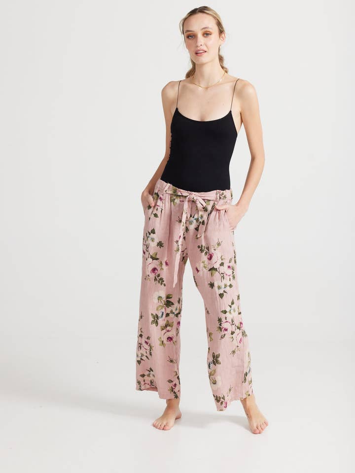 Eva Floral Linen Pants, Antique Rose for wholesale by Miss Rose Sister Violet Australia