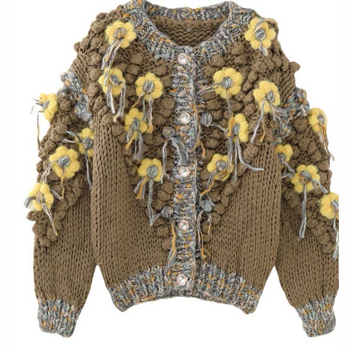 Productseeker – wholesale Jacket – Women's – JK256 Colorblock Hand-Knitted Floral Tassel Cardigan Sweater1