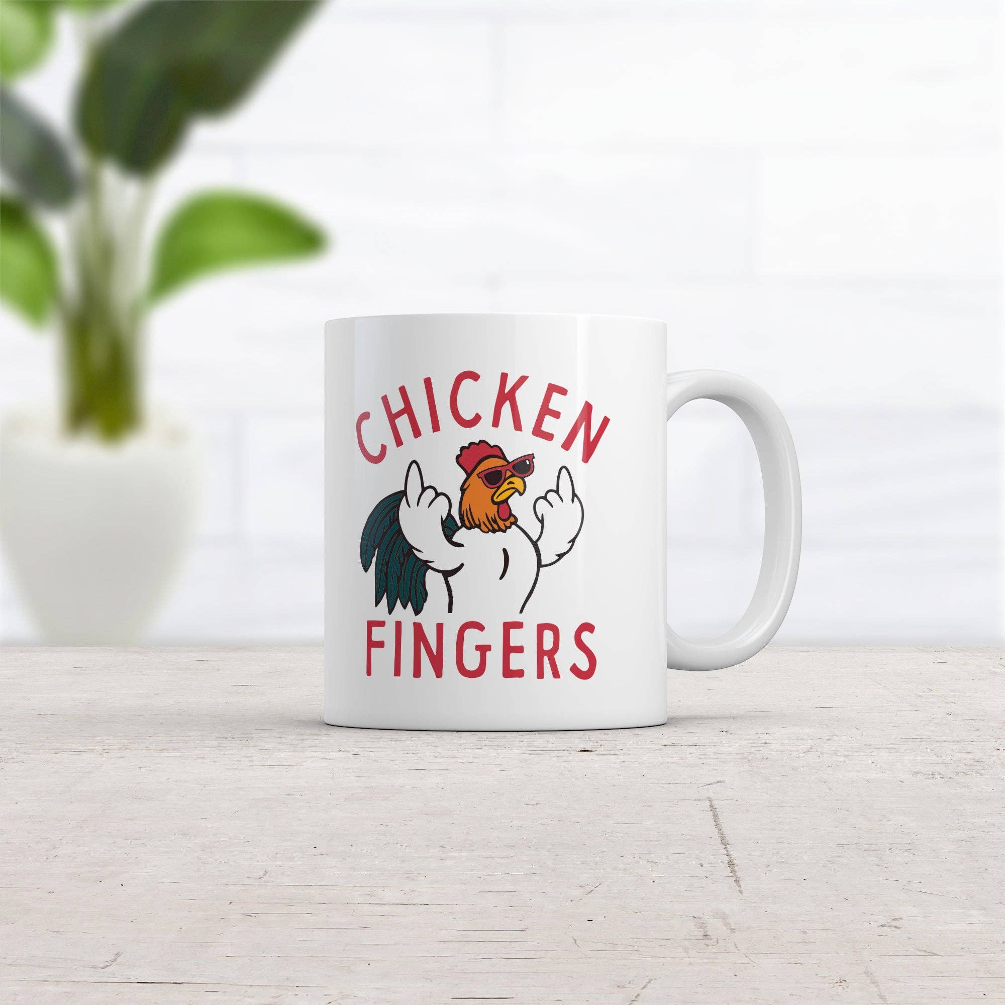 Blanc Tasse à café graphique animale drôle et sarcastique avec des doigts de poulet en vente sur Faire1