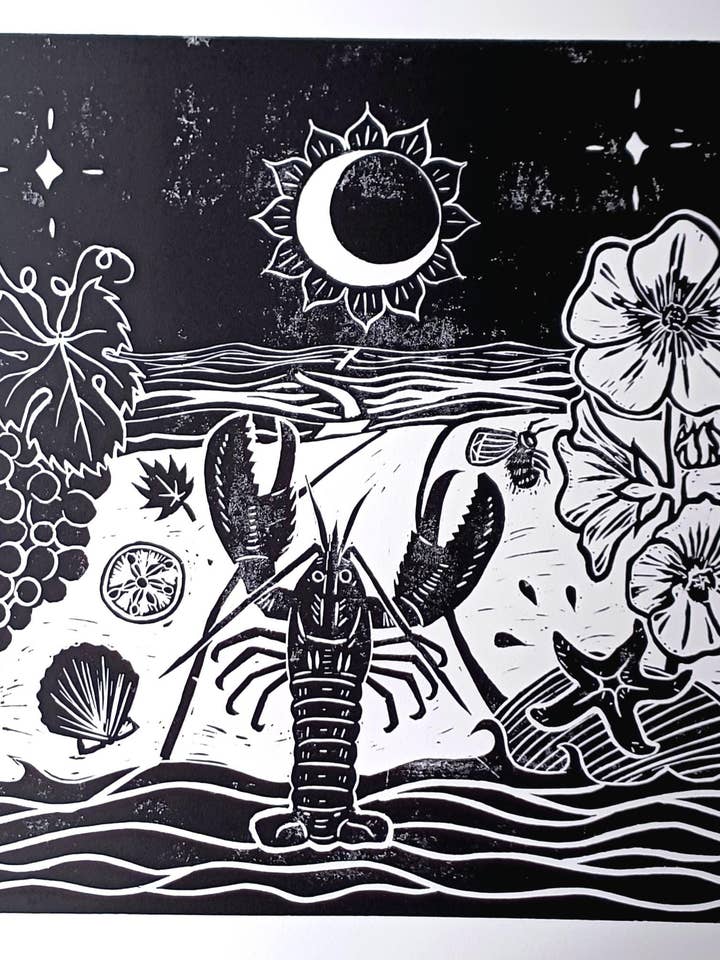 Linocut Tarot-Inspired Celestial Lobster Art Print for wholesale by Larisanjou