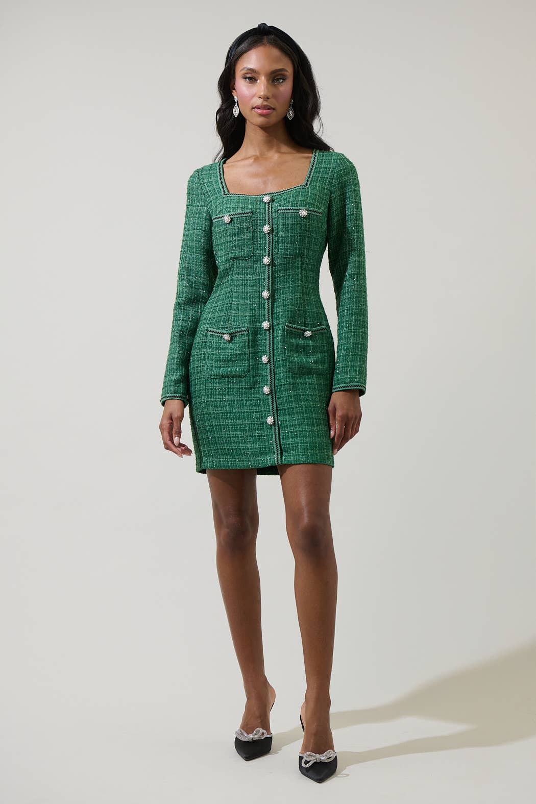 Emerald Haley Tweed Salome Button Down Mini Dress for wholesale on Faire5