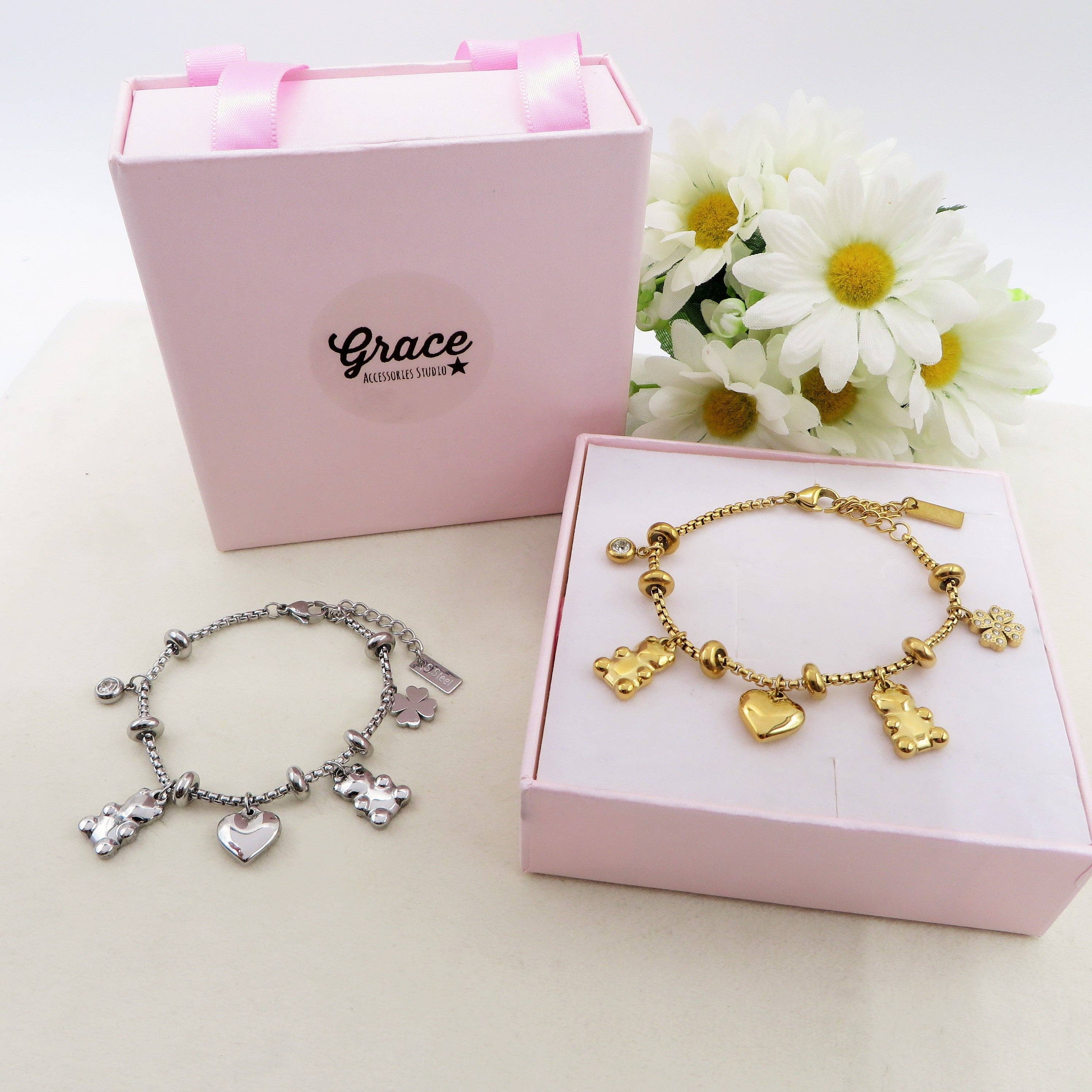 Daemon srls - Wholesale Charm/Dangle Bracelet - TEDDY CLOVER - Bracciale con orsetti, quadrifoglio e cuori pendenti bombe' ACCIAIO INOSSIDABILE2