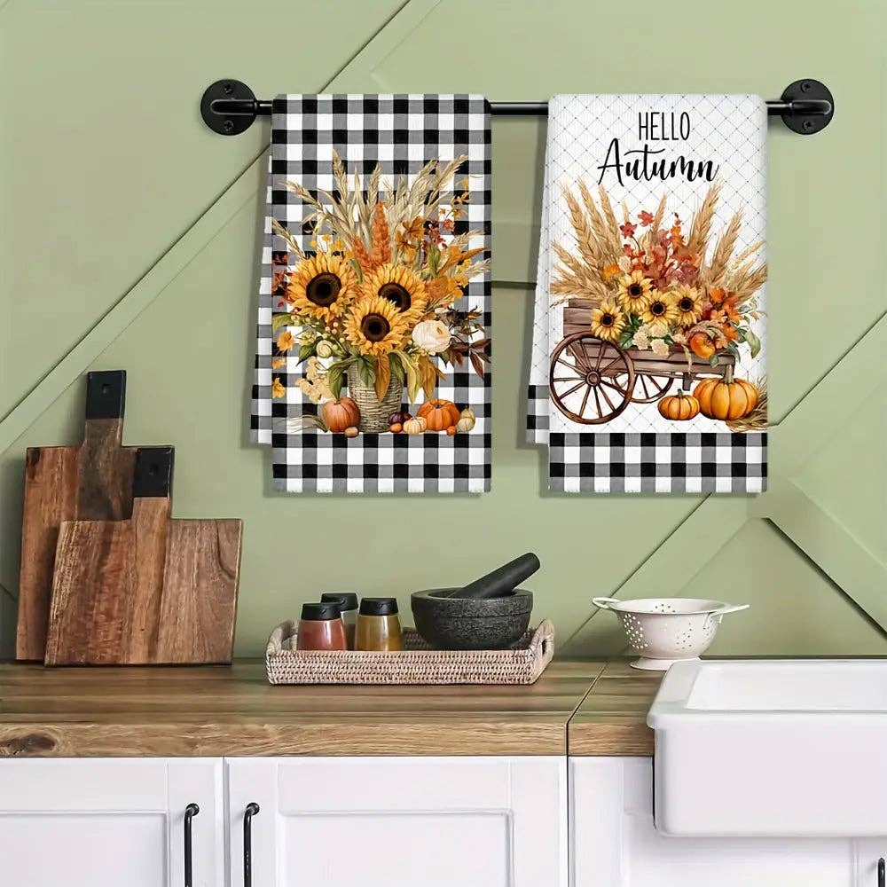 Huis Van Merken - Wholesale Tea Towel - 2pcs Autumn Harvest Kitchen Towels - Ultra Absorbent Microfiber, Sunflower & Pumpkin Design0