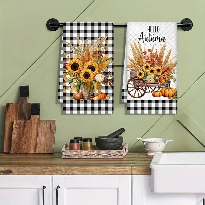 Huis Van Merken - Wholesale Tea Towel - 2pcs Autumn Harvest Kitchen Towels - Ultra Absorbent Microfiber, Sunflower & Pumpkin Design