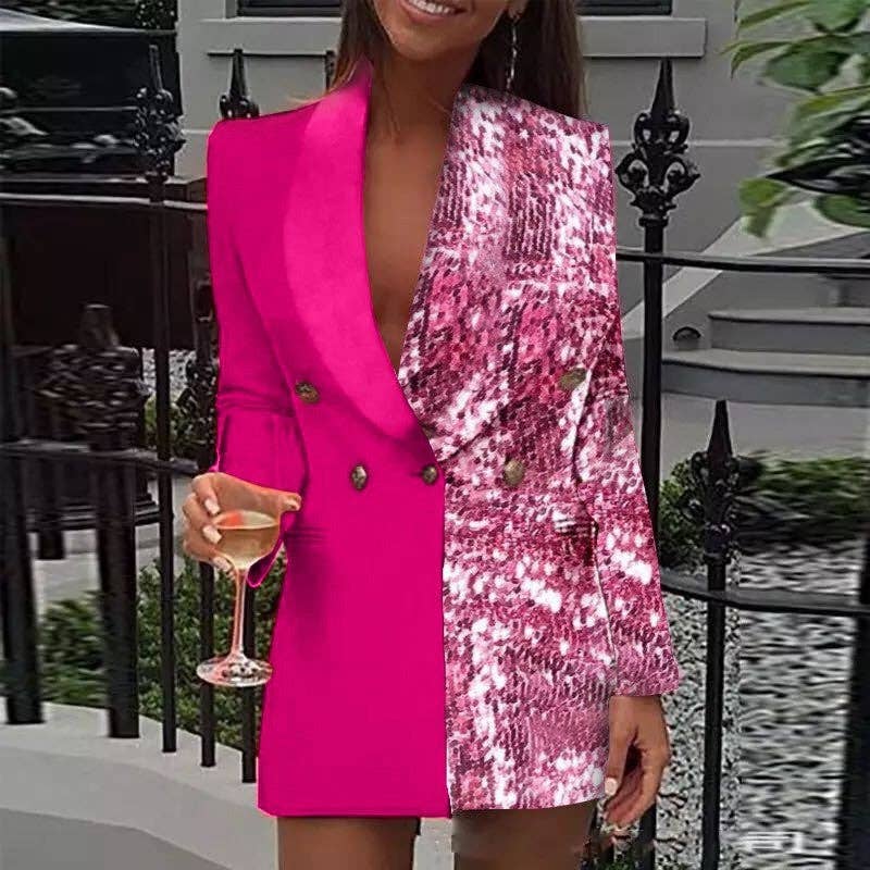 Plush Looks - Wholesale Blazer - Women's - Stylish Double Color Block Floral Print Blazer0