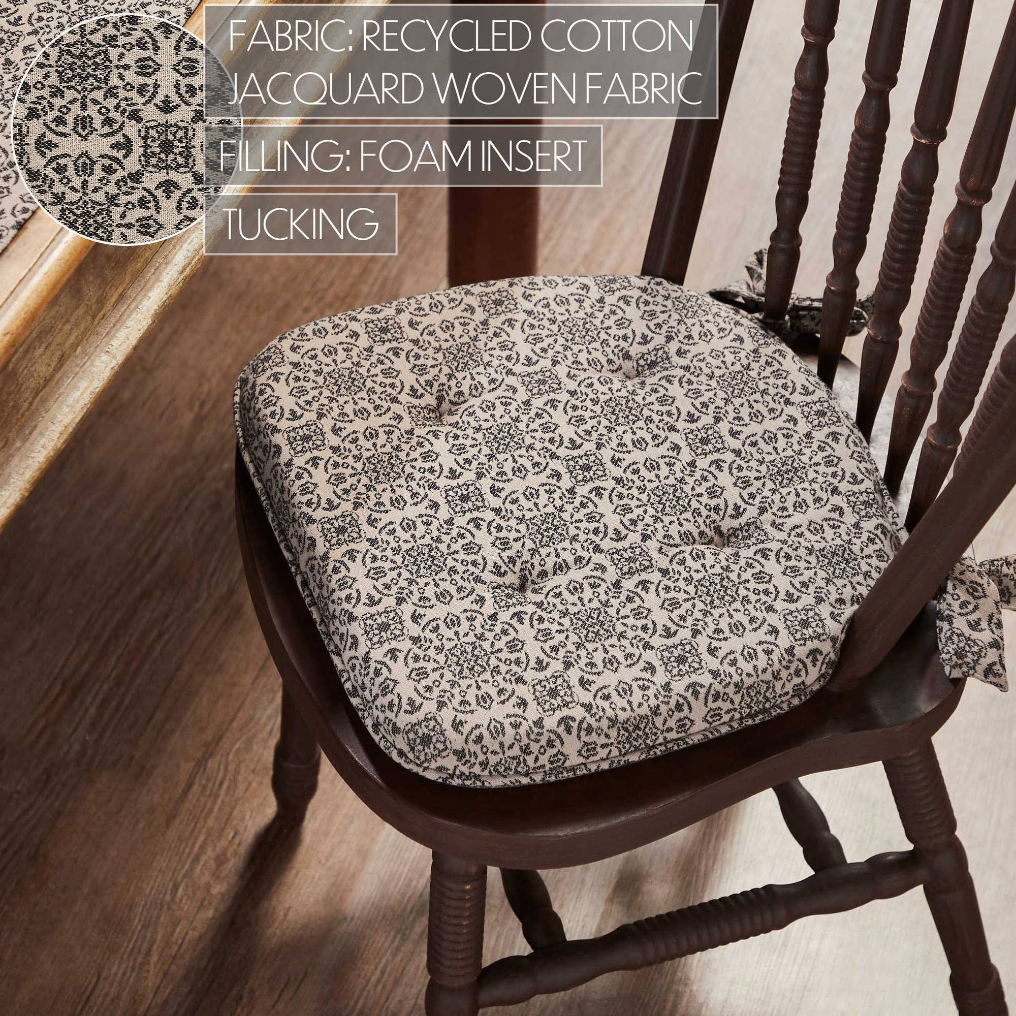 VHC Brands - Wholesale Chair Cushion - Custom House Black Natural Jacquard Prim Country Chair Pad 15.5x17 - VHC Brands1