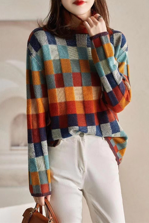 Whisper Mint - Wholesale Knit Sweater - Women's - Vibrant Colorful Checkerboard Knit Sweater0