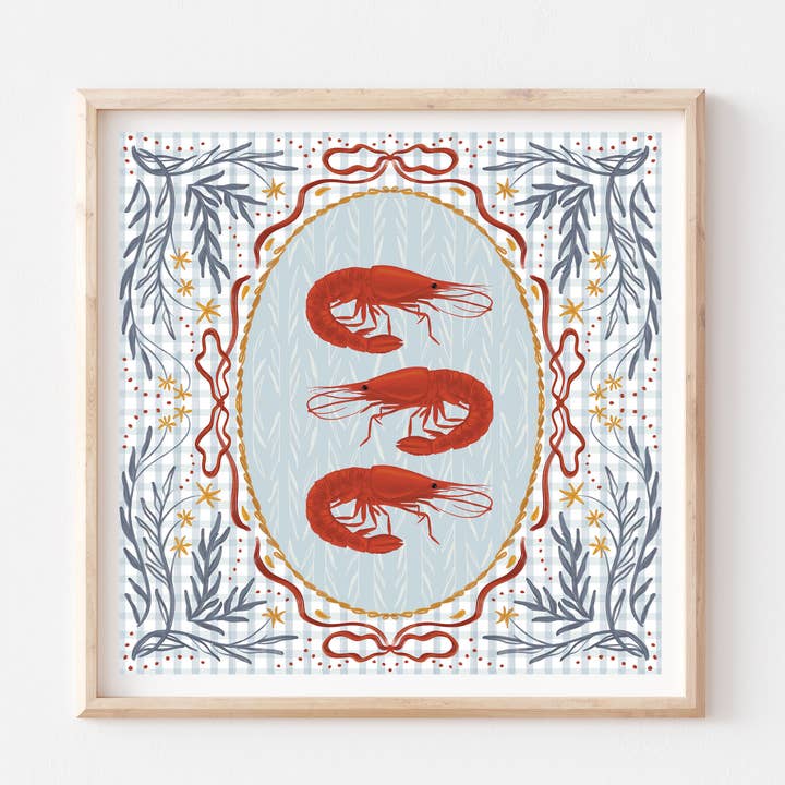 Vintage Prawns Art Print | Square Food Kitchen Wall Decor for wholesale by Vero Illustrates Art Prints and Greeting Cards