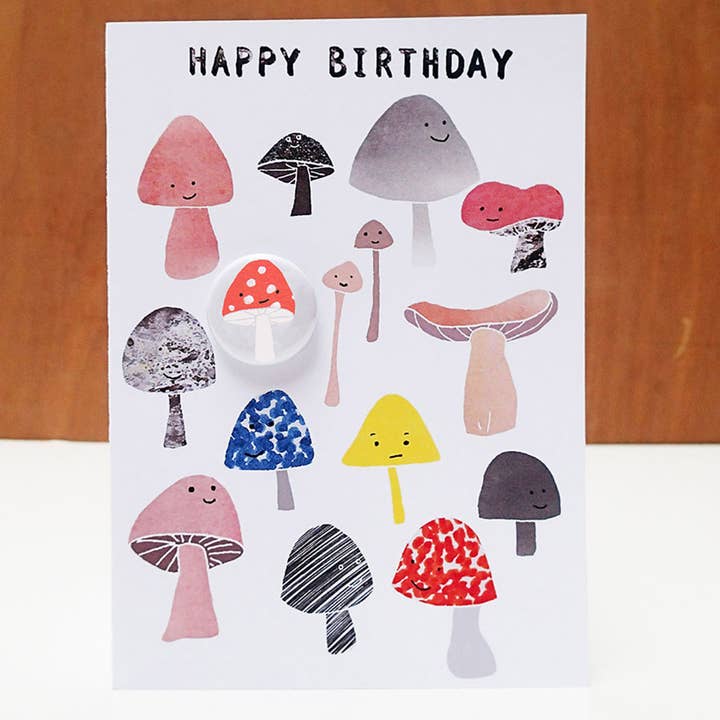 Greeting card with badge - Mushroom Birthday for wholesale by The Black Rabbit