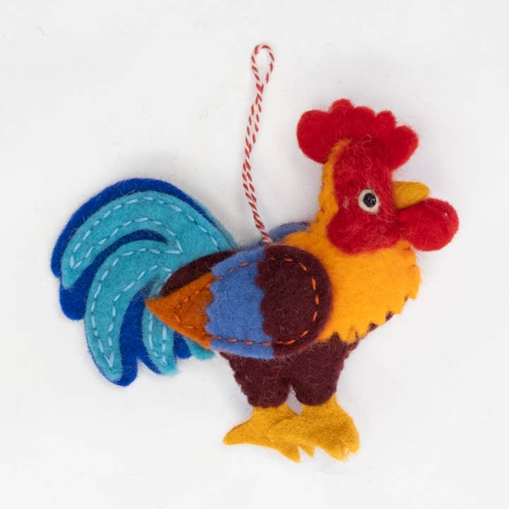 Ornament - Felt Rooster Big Tail for wholesale by The Winding Road