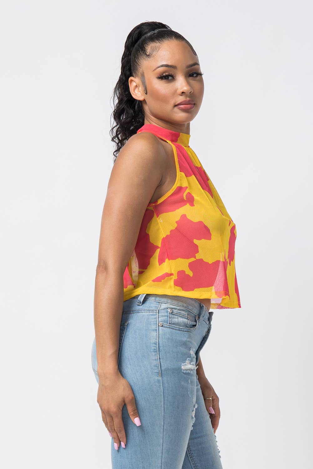 Giallo-Rosso Top senza maniche con scollo all'americana e stampa in vendita all'ingrosso su Faire2