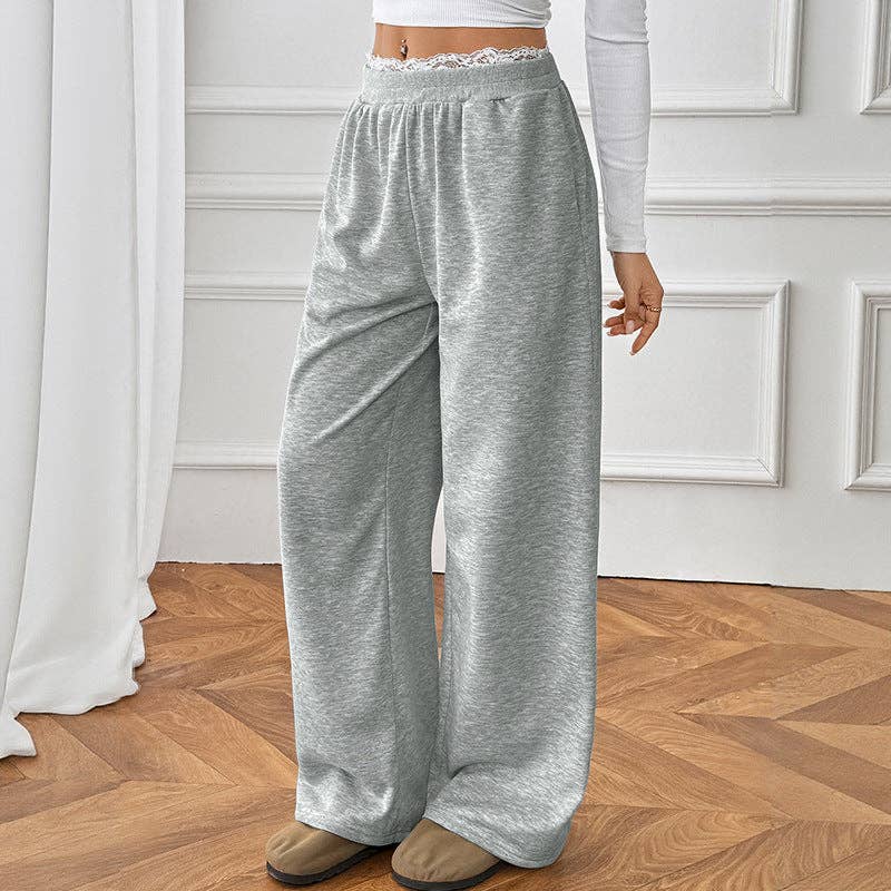 Gris Pantalon droit décontracté taille haute avec bordure en dentelle en vente sur Faire