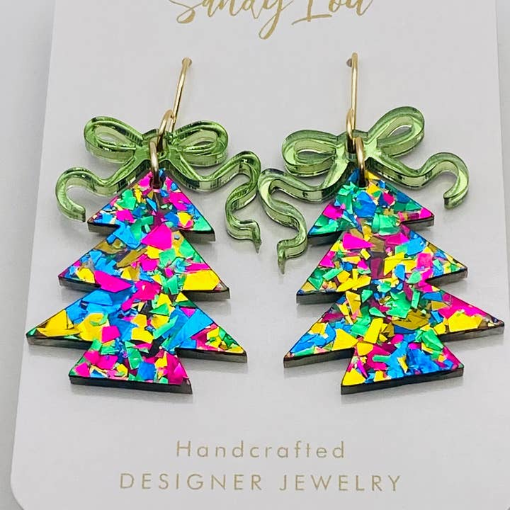 Merry Confetti Tree Earrings Christmas- Blue Party for wholesale by Sandy Lou Designs