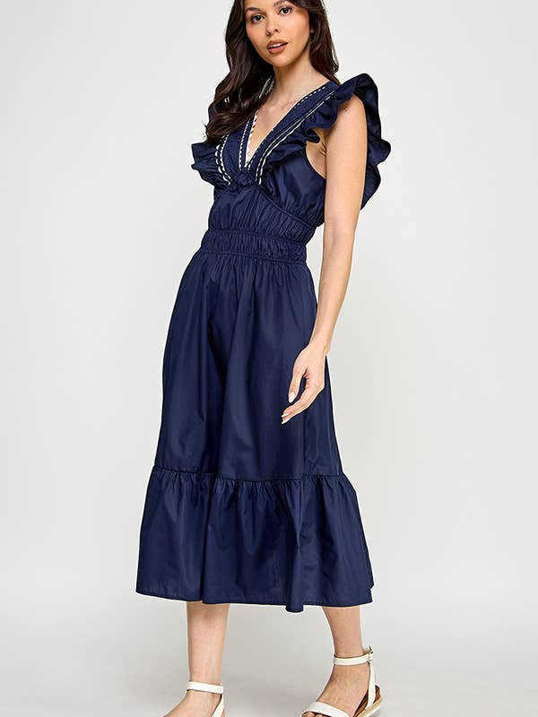 RUBIENN - Wholesale Dress - Women's - Lace Trim V-Neck Sleeveless Smocked Midi Dress.2