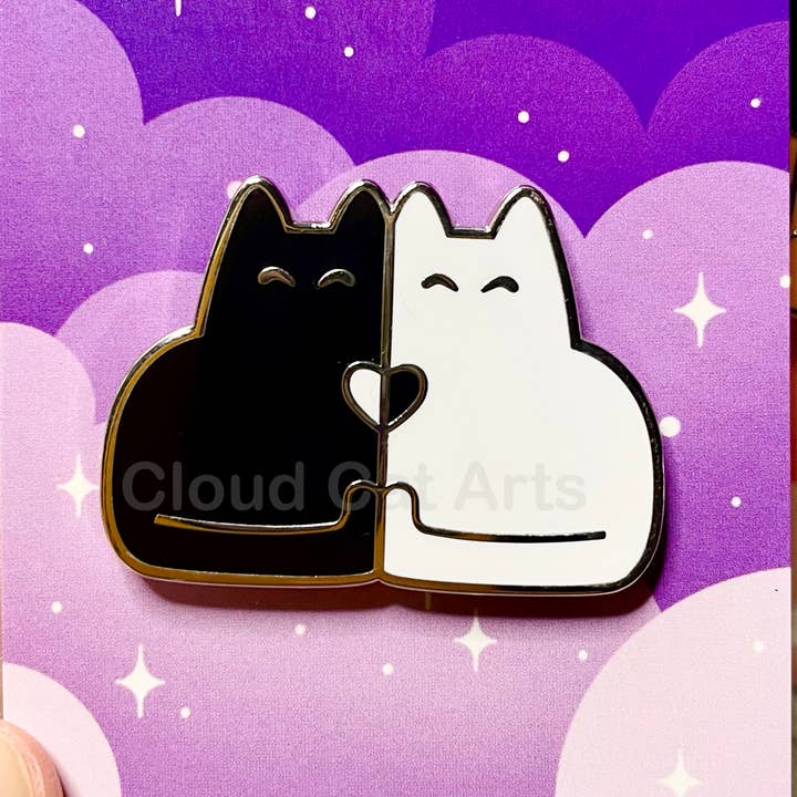 Cloud Cat Arts - Wholesale Lapel Pin/Button - Kitty Cuddle (Black Cat / White Cat ) - Hard Enamel Pin