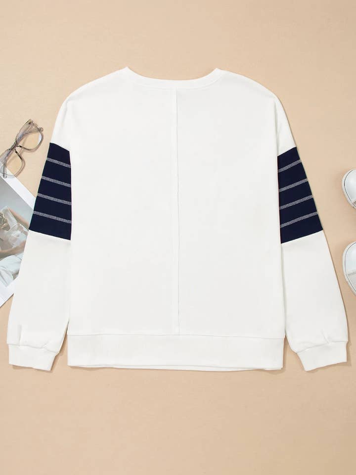 White Exposed Seam Detail Color Block Patch Pocket Sweatshirt for wholesale on Faire3