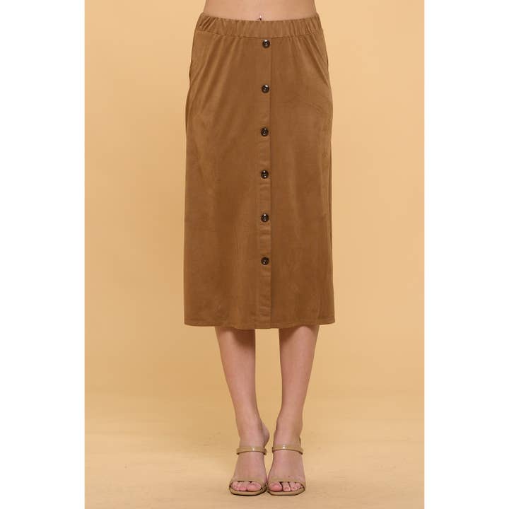 COGNAC ELASTIC WAIST ALINE BUTTON DOWN SUEDE SKIRT for wholesale on Faire