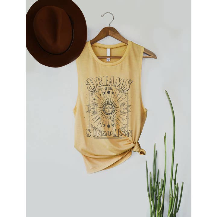 Boho Celestial Sun & Moon Graphic Women's Jersey Tank Top for wholesale by PINK NABI