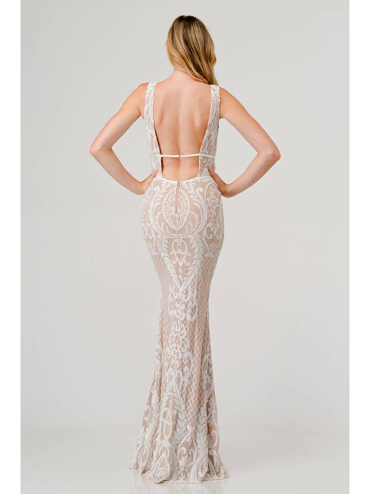 BLANC/NU Robe longue sirène Lovesome en sequins avec décolleté en V plongeant en vente sur Faire3