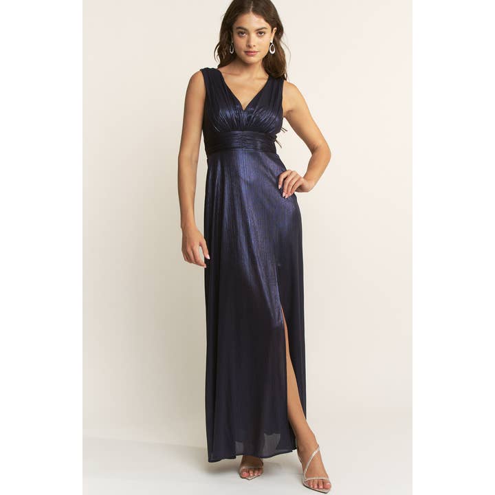 Shimmering Metallic Empire Waist Maxi Bridesmaids Dress for wholesale by YNEZ