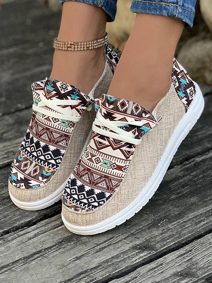 Parchment Brown Vintage Aztec Patchwork Lace-up Decor Flat Shoes for wholesale on Faire