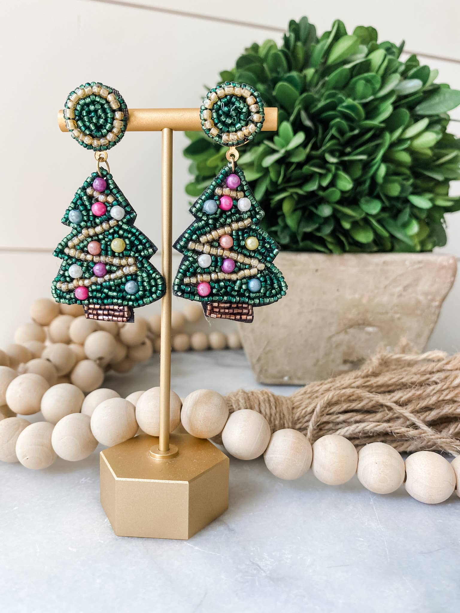 Brookhaven Baubles - Wholesale Dangle Earrings - Green Christmas Tree Beaded Statement Earrings (Copy)3