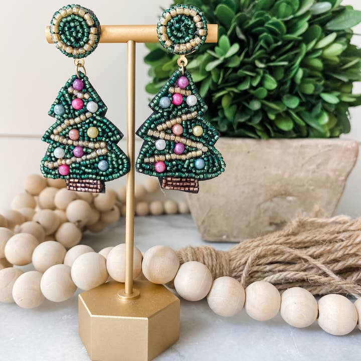 Brookhaven Baubles - Wholesale Dangle Earrings - Green Christmas Tree Beaded Statement Earrings (Copy)3